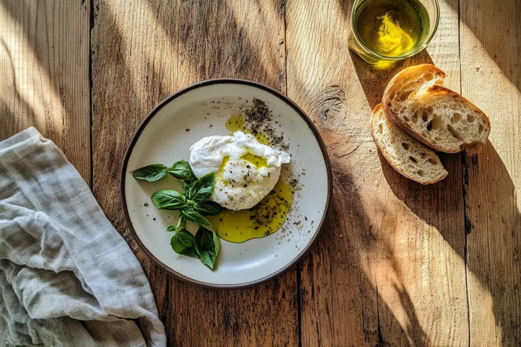  Plated creamy burrata with olive oil, basil, and crusty bread on a rustic table.