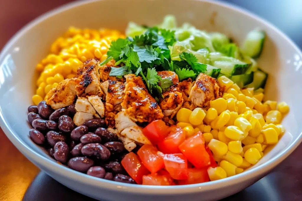grilled chipotle chicken and corn dense bean salad
