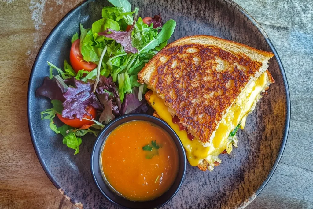 Served swiss grilled cheese with side salad and tomato soup on a rustic plate.