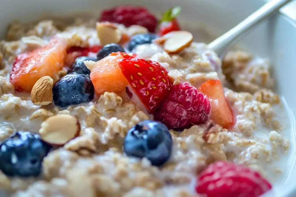 Internal close-up image of stirring an oatmeal bowl with vibrant fruits and nuts, ideal for a family breakfast.