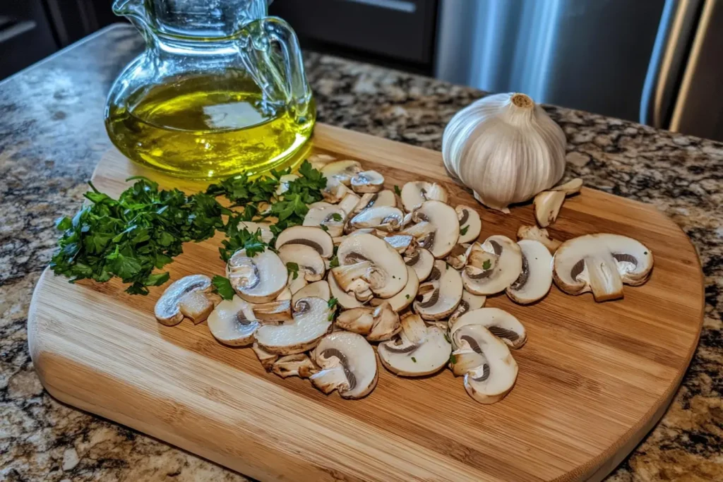 Close-up of sautéed mushroom medley with colorful vegetables and fresh herbs.
