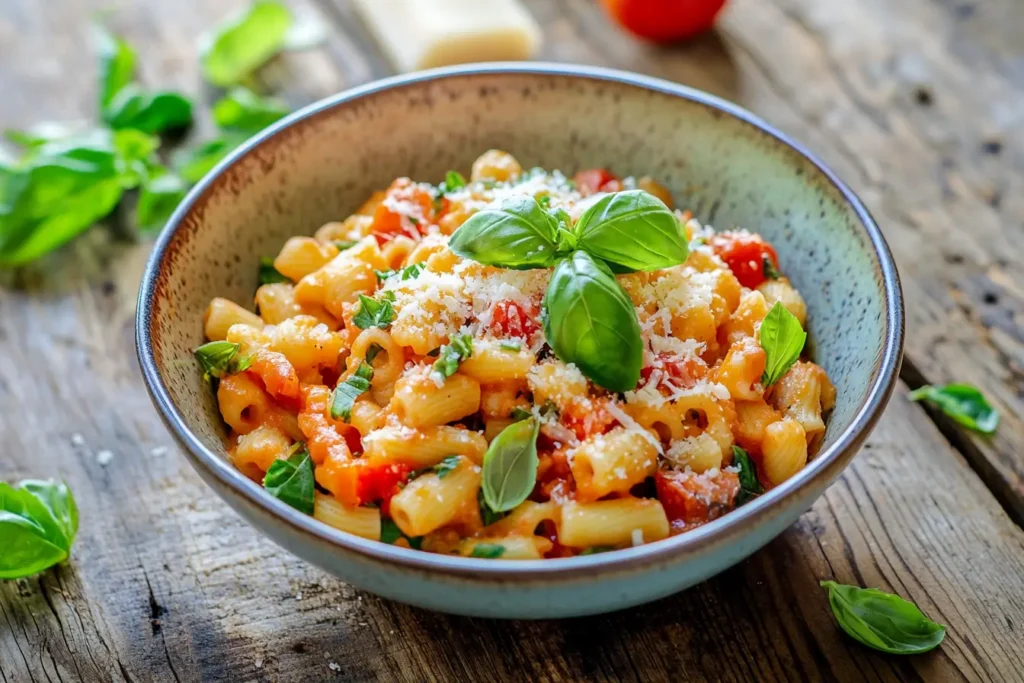 Vibrant bowl of Ditalini pasta recipe with fresh basil, vegetables, and a sprinkle of Parmesan, capturing a homestyle Italian dinner vibe.