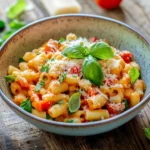 Vibrant bowl of Ditalini pasta recipe with fresh basil, vegetables, and a sprinkle of Parmesan, capturing a homestyle Italian dinner vibe.
