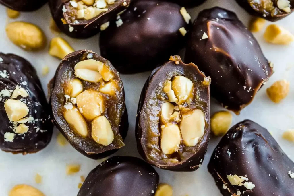 Close-up of chocolate dates filled with crunchy peanuts, highlighting rich texture.