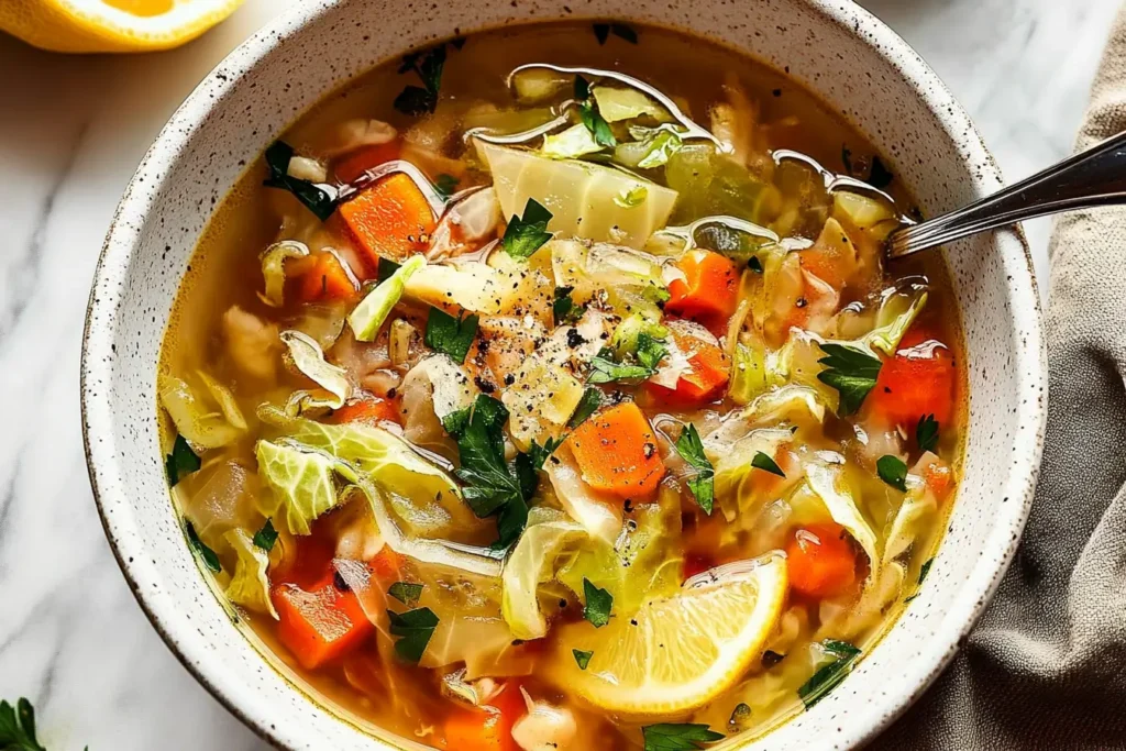 Featured image of lemons cabbage soup in a rustic bowl with fresh ingredients.