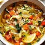 Featured image of lemons cabbage soup in a rustic bowl with fresh ingredients.